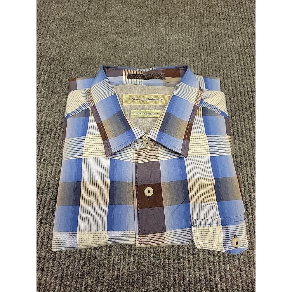 Tommy Bahama Island Modern Fit Blue Brown Plaid Cotton Silk Shirt Mens Large